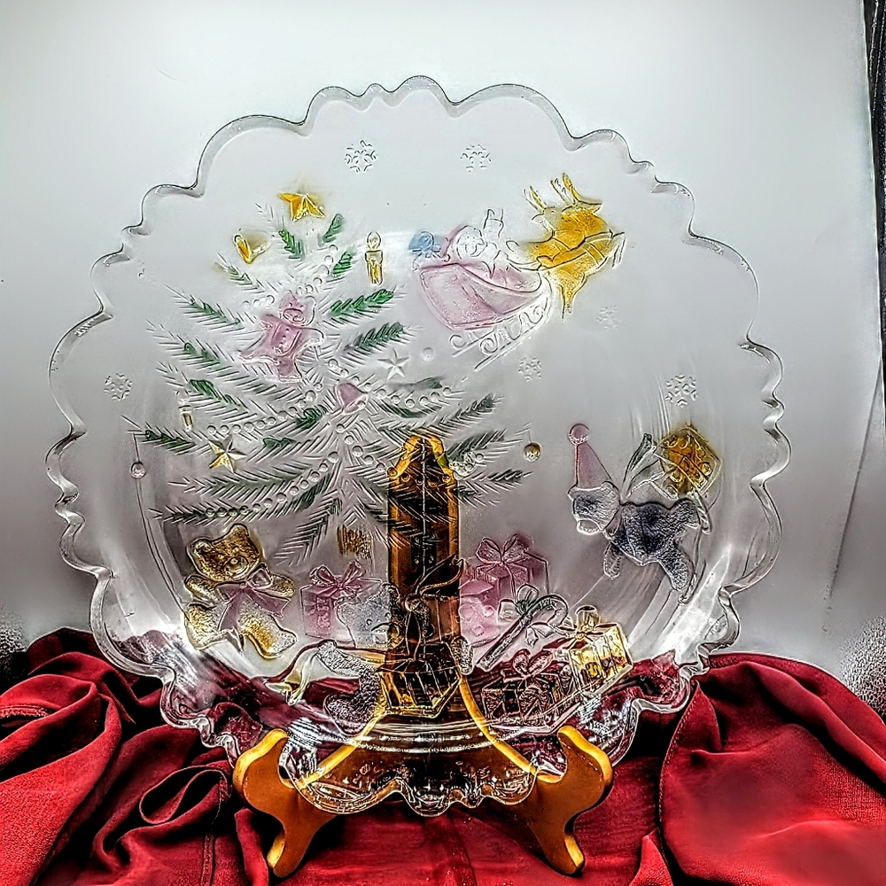 Share the Joy Christmas Glass Platter Santa Sleigh Teddy Bears 14" Caldor Vtg - Picture 10 of 10